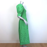 GANNI Broderie Anglaise Puff Sleeve Midi Dress Green Smocked Poplin Size 38