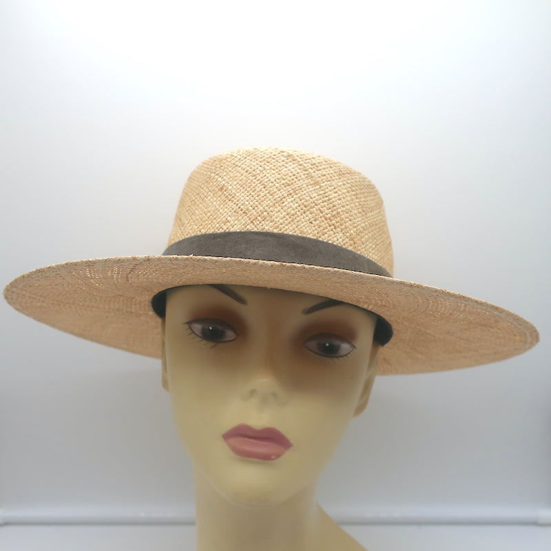 Janessa Leone Klint Straw Boater Hat Natural with Gray Suede Band Size Small