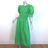 GANNI Broderie Anglaise Puff Sleeve Midi Dress Green Smocked Poplin Size 38