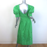 GANNI Broderie Anglaise Puff Sleeve Midi Dress Green Smocked Poplin Size 38