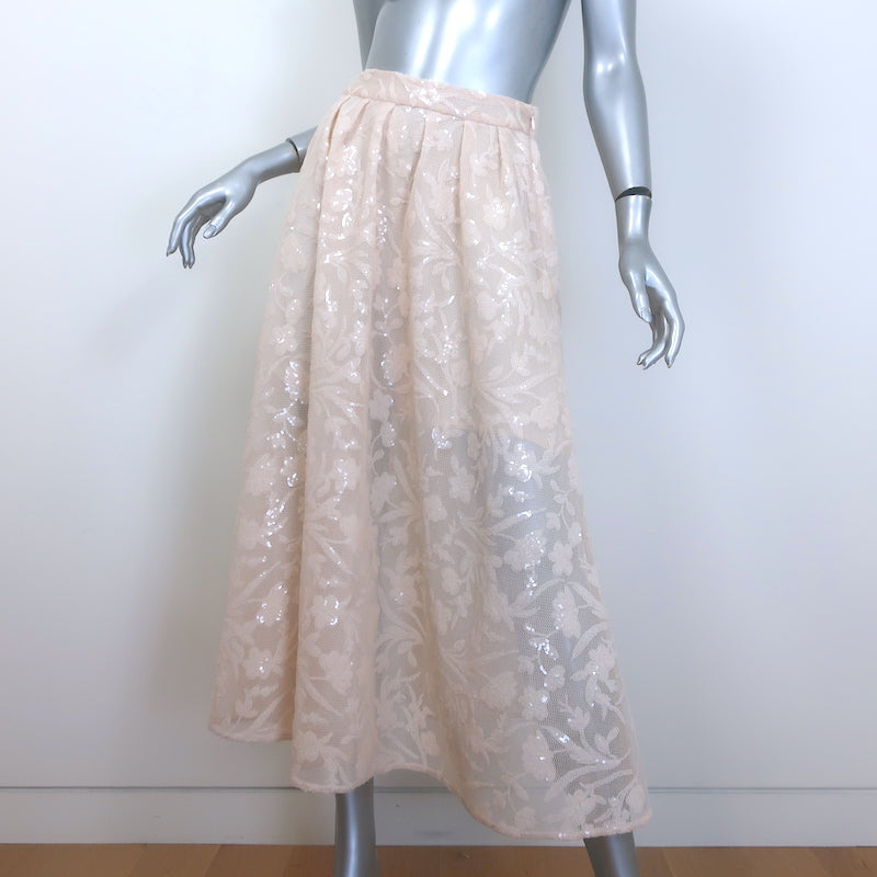 Maje Jupon Floral-Sequined Mesh Midi Skirt Beige Size 34