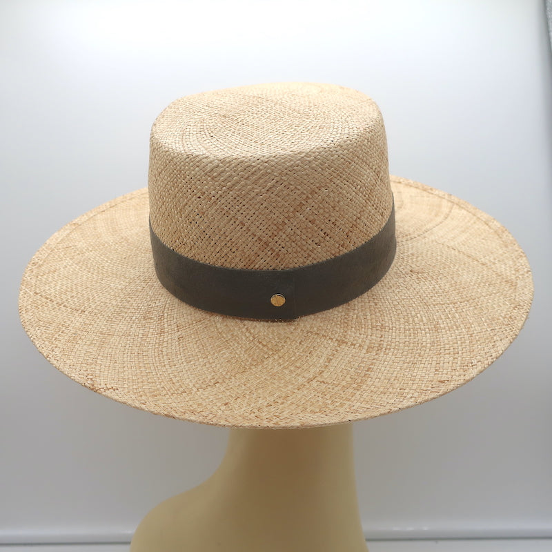 Janessa Leone Klint Straw Boater Hat Natural with Gray Suede Band Size Small