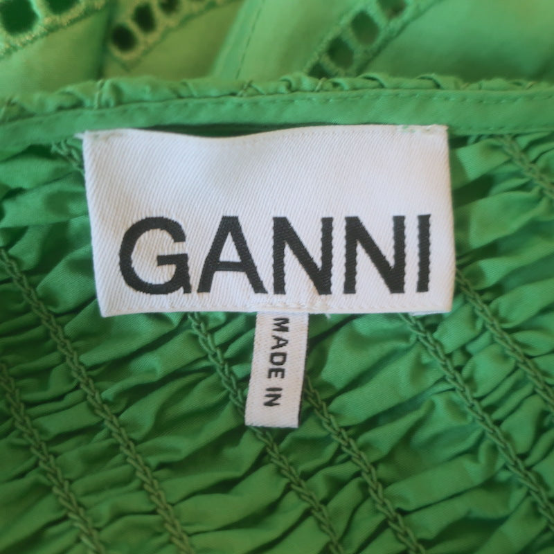 GANNI Broderie Anglaise Puff Sleeve Midi Dress Green Smocked Poplin Size 38