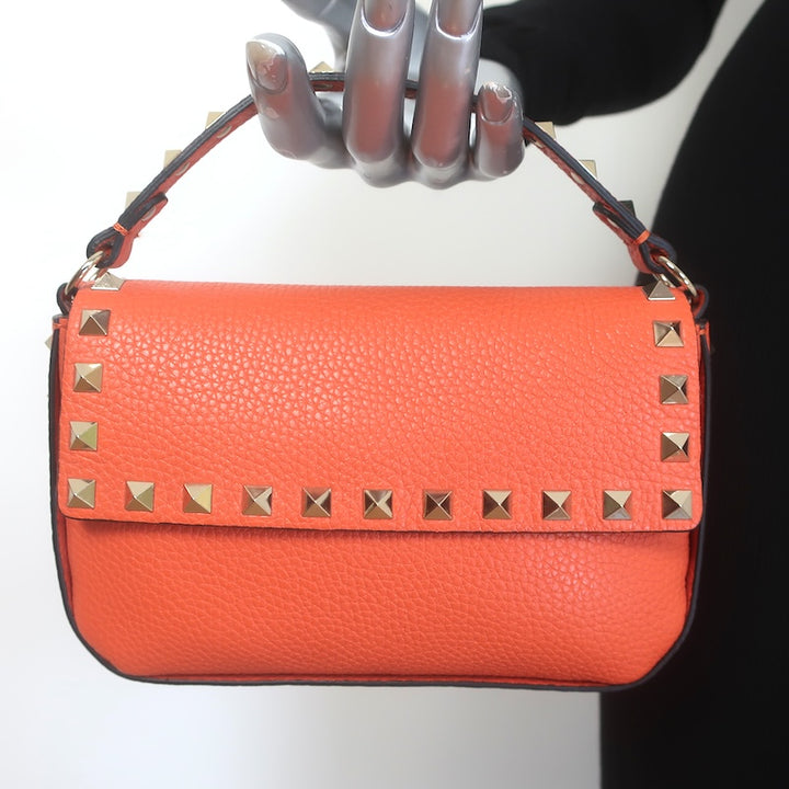Valentino Rockstud Pouch Orange Grainy Calfskin Leather Mini Crossbody Bag NEW
