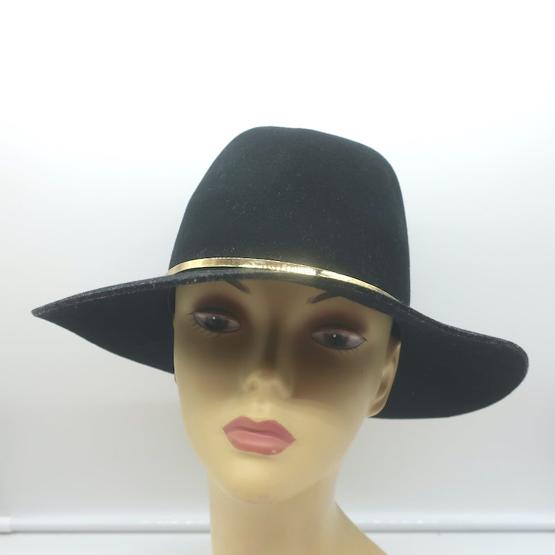 Janessa Leone Stephen Hat with Gold Bar Black Wool Felt Size Small