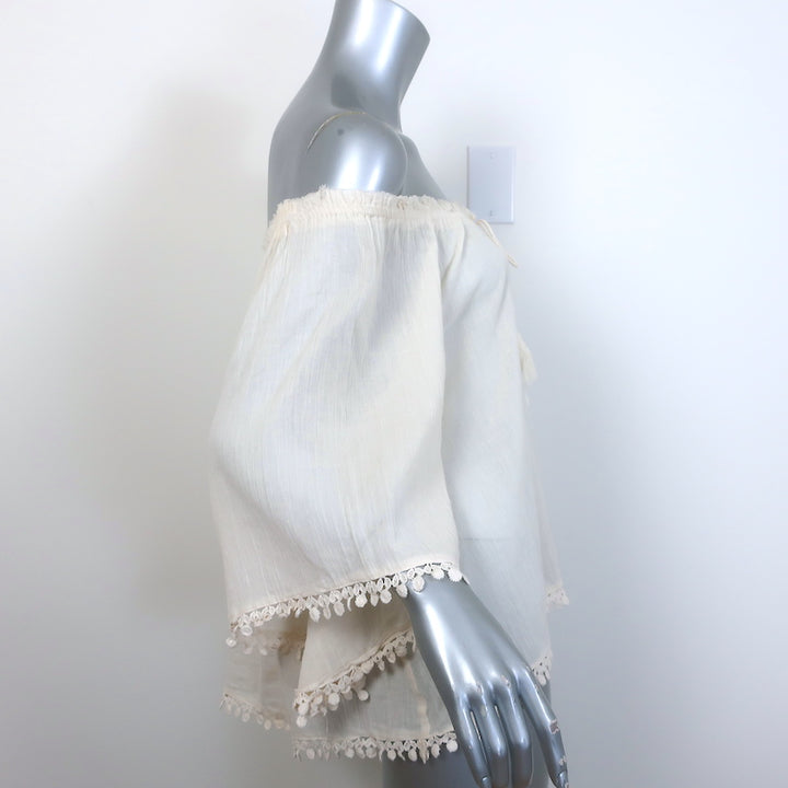LoveShackFancy Off the Shoulder Embroidered-Trim Tassel Top Ecru Gauze Size 3