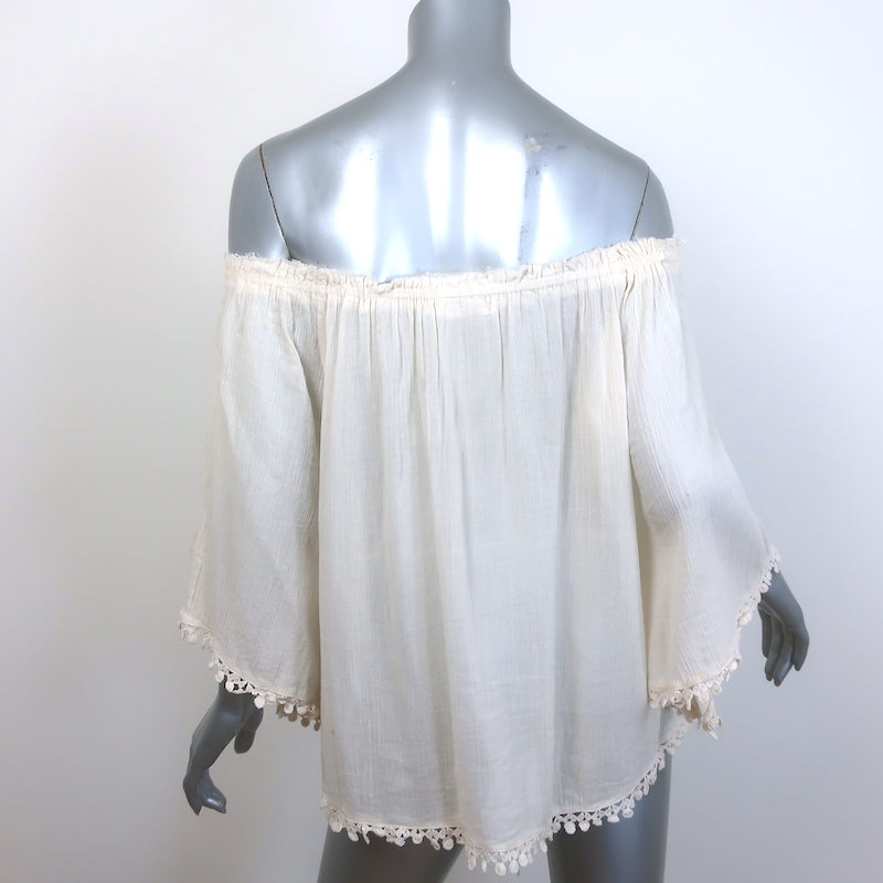 LoveShackFancy Off the Shoulder Embroidered-Trim Tassel Top Ecru Gauze Size 3