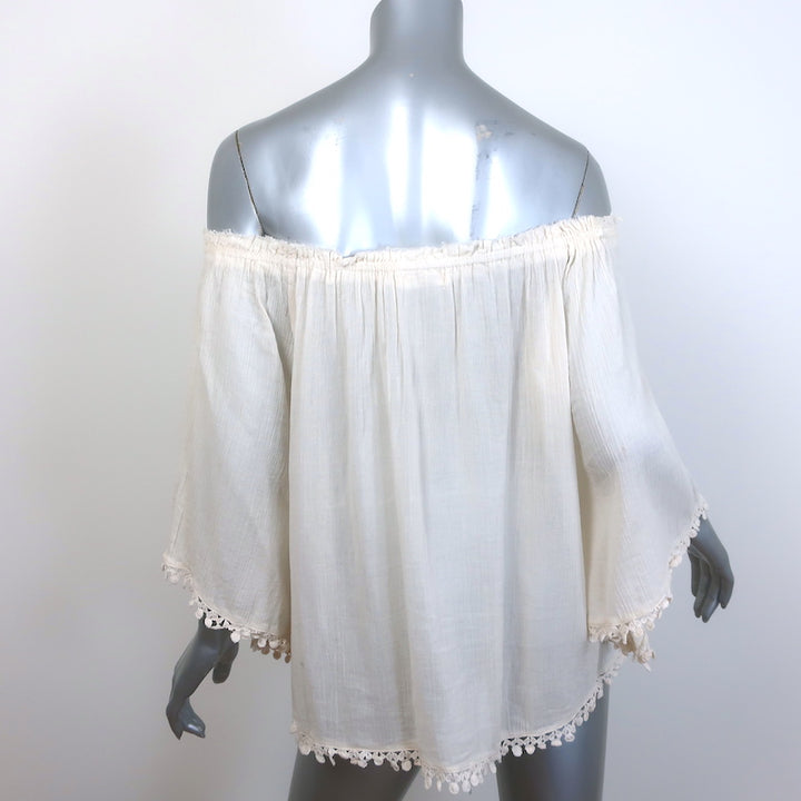 LoveShackFancy Off the Shoulder Embroidered-Trim Tassel Top Ecru Gauze Size 3