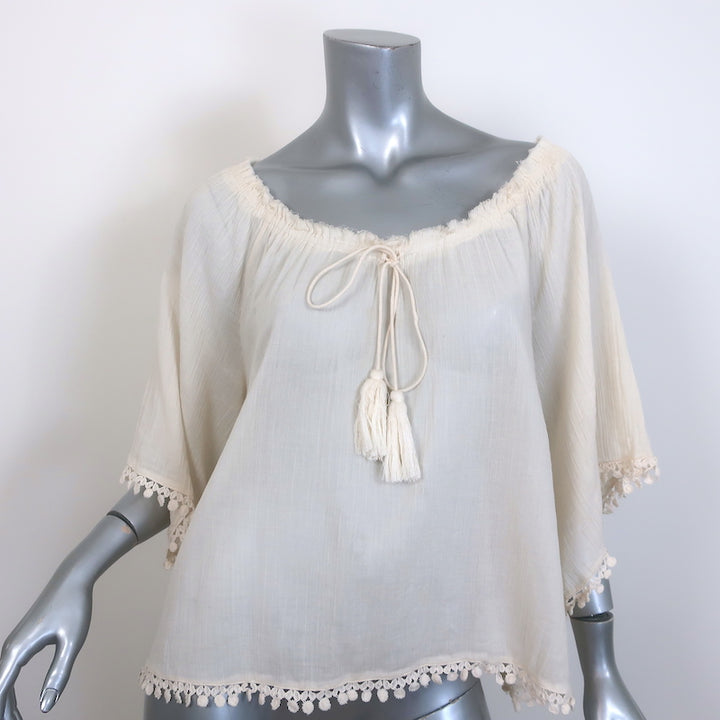 LoveShackFancy Off the Shoulder Embroidered-Trim Tassel Top Ecru Gauze Size 3
