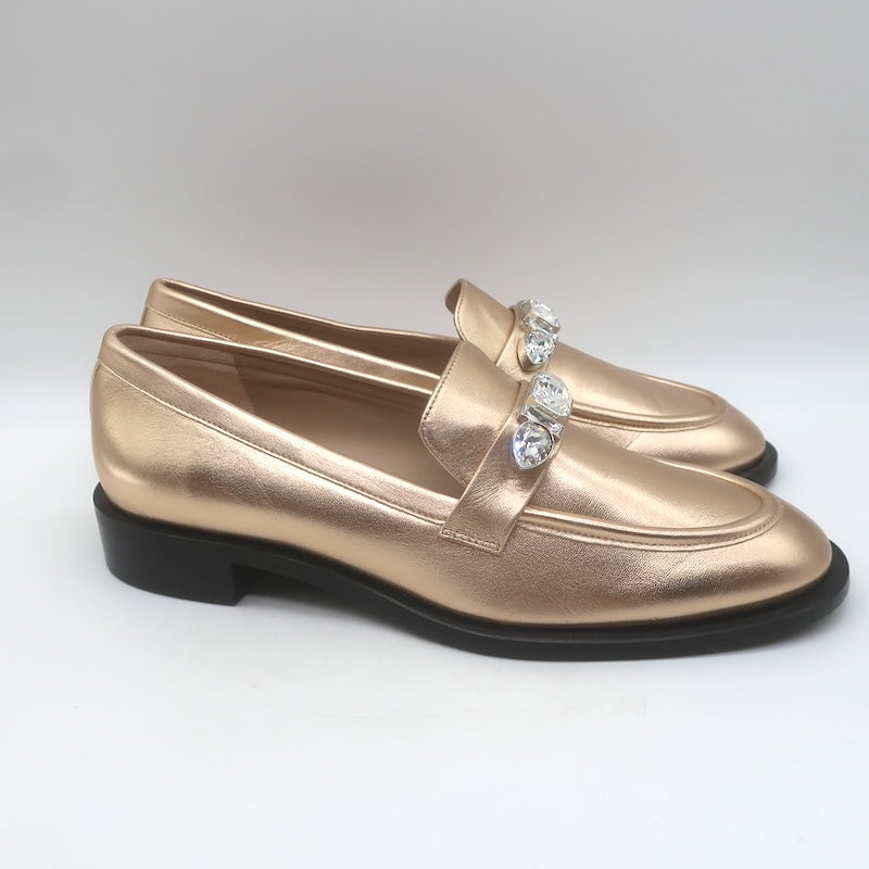 Stuart Weitzman Palmer Crystal-Embellished Loafers Rose Gold Leather Size 10.5