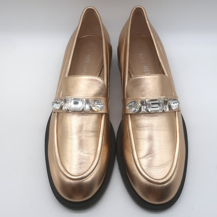 Stuart Weitzman Palmer Crystal-Embellished Loafers Rose Gold Leather Size 10.5