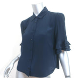 FRAME Ruffled Button-Down Shirt Navy Silk Size Extra Small Short Sleeve Blouse