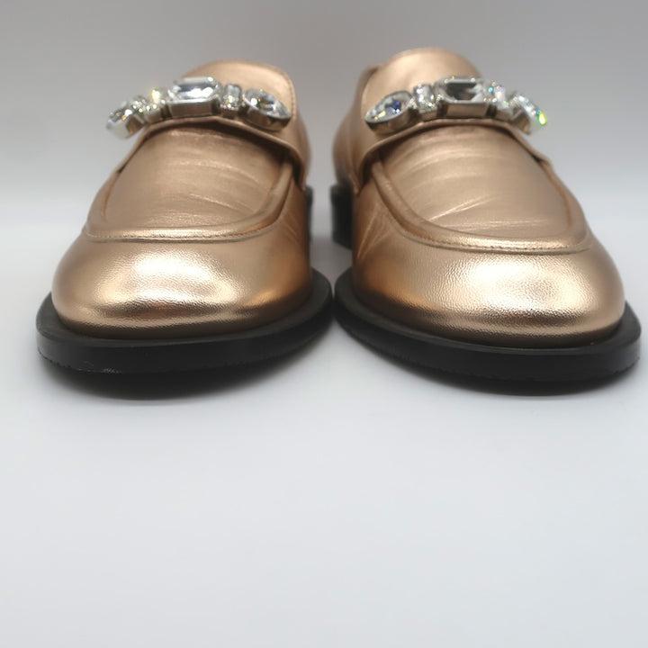 Stuart Weitzman Palmer Crystal-Embellished Loafers Rose Gold Leather Size 10.5
