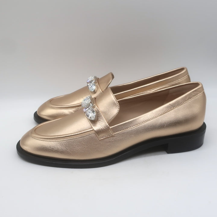 Stuart Weitzman Palmer Crystal-Embellished Loafers Rose Gold Leather Size 10.5