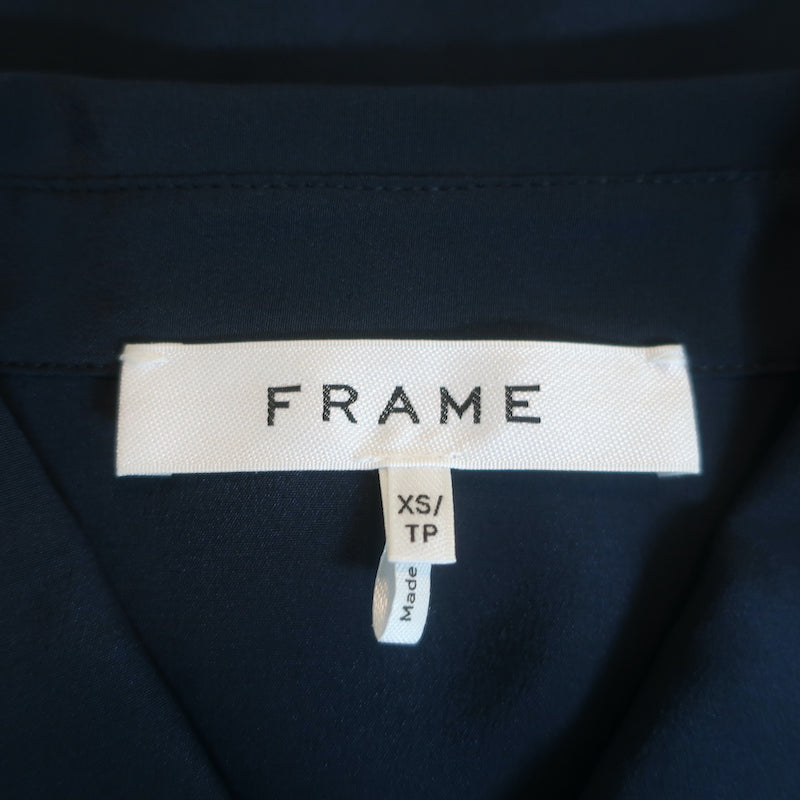 FRAME Ruffled Button-Down Shirt Navy Silk Size Extra Small Short Sleeve Blouse