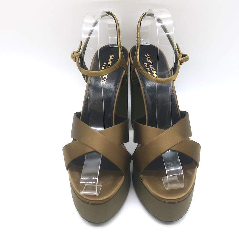 Saint Laurent Bianca 125 Crisscross Platform Sandals Olive Brown Satin Size 40