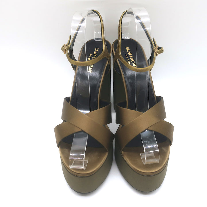 Saint Laurent Bianca 125 Crisscross Platform Sandals Olive Brown Satin Size 40
