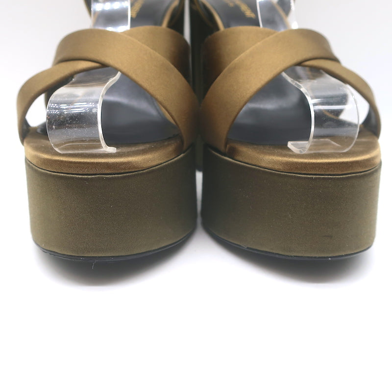 Saint Laurent Bianca 125 Crisscross Platform Sandals Olive Brown Satin Size 40