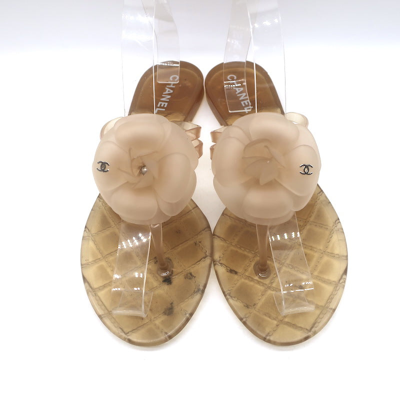 Chanel Jelly CC Camellia Thong Sandals Nude Size 39 Flat Flip Flops