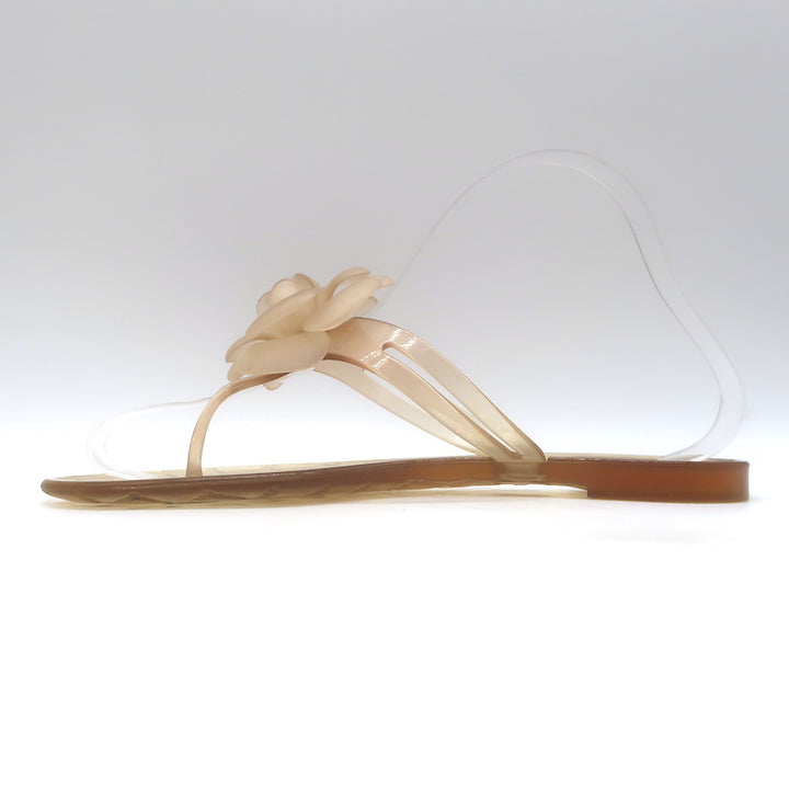 Chanel Jelly CC Camellia Thong Sandals Nude Size 39 Flat Flip Flops