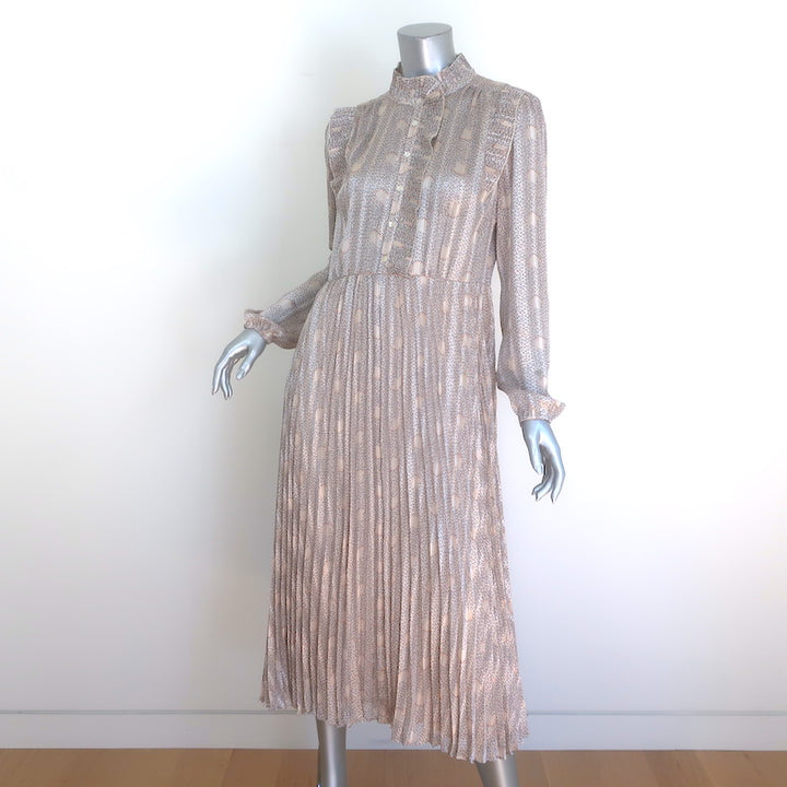 Ba&amp;sh Paris Accordion-Pleated Metallic Printed Midi Shirt Dress Ecru Size Medium
