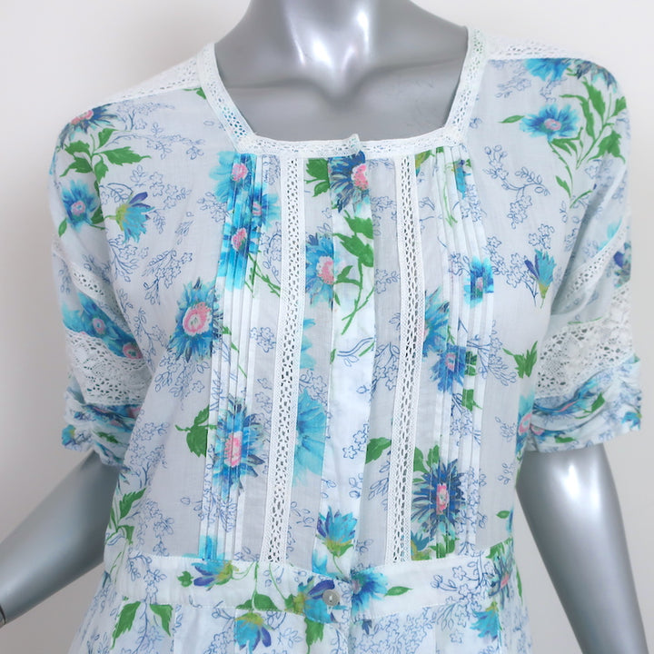 LoveShackFancy Edie Maxi Dress White/Blue Floral Print Cotton Size Extra Small