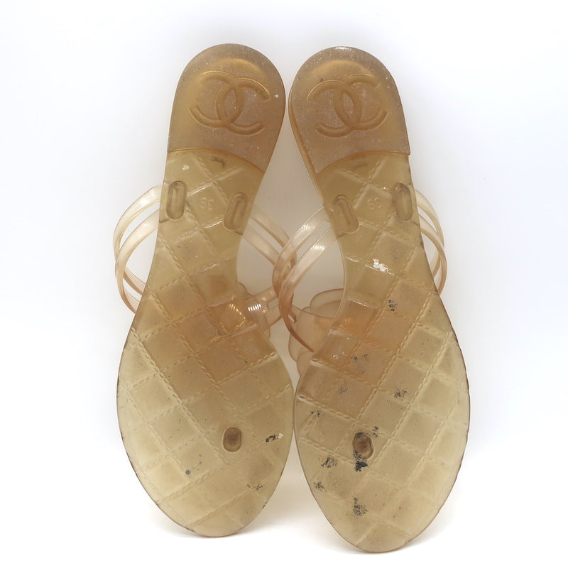 Chanel Jelly CC Camellia Thong Sandals Nude Size 39 Flat Flip Flops