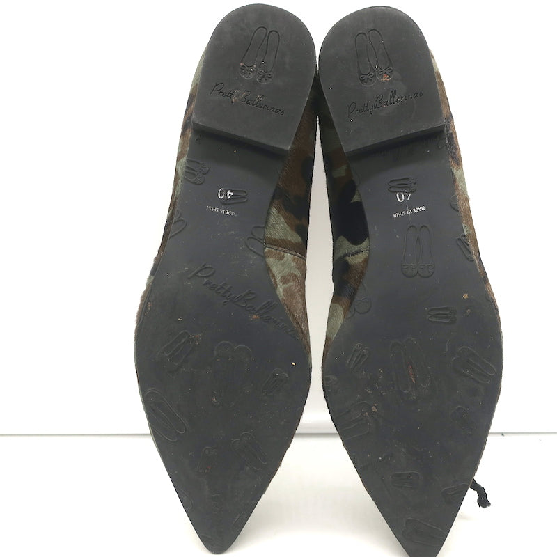 Pretty Ballerinas Pointed Toe Ballet Flats Green Camo Print Pony Hair Size 40