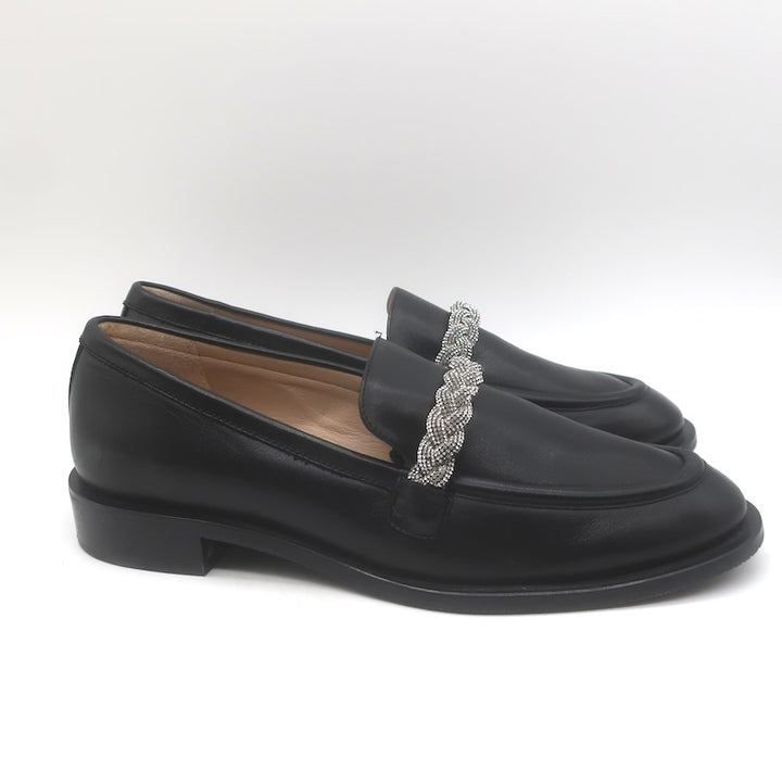 Stuart Weitzman Palmer High Shine Crystal-Trim Loafers Black Leather Size 10.5
