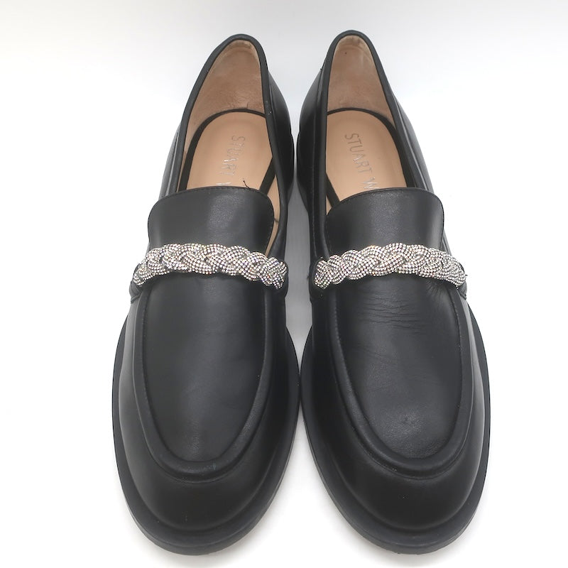 Stuart Weitzman Palmer High Shine Crystal-Trim Loafers Black Leather Size 10.5