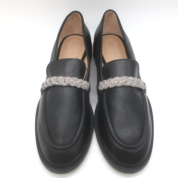 Stuart Weitzman Palmer High Shine Crystal-Trim Loafers Black Leather Size 10.5
