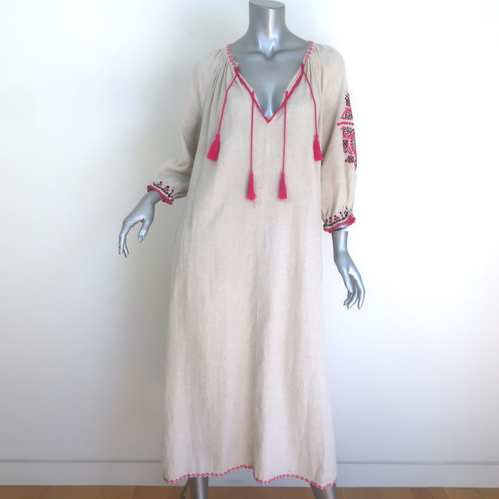 Ulla Johnson Sofia Embroidered Belted Midi Dress Flax Cotton-Linen Size 2