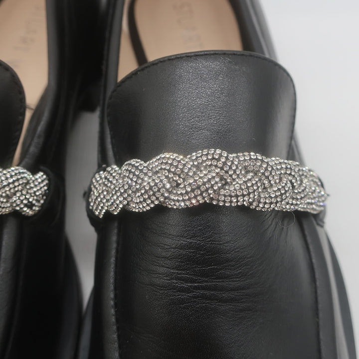 Stuart Weitzman Palmer High Shine Crystal-Trim Loafers Black Leather Size 10.5