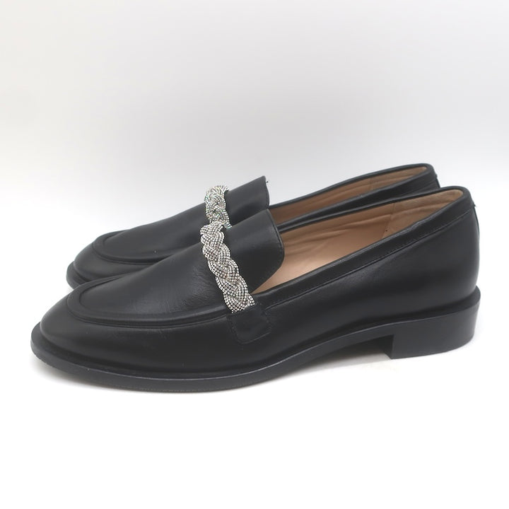 Stuart Weitzman Palmer High Shine Crystal-Trim Loafers Black Leather Size 10.5