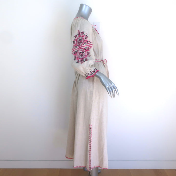 Ulla Johnson Sofia Embroidered Belted Midi Dress Flax Cotton-Linen Size 2