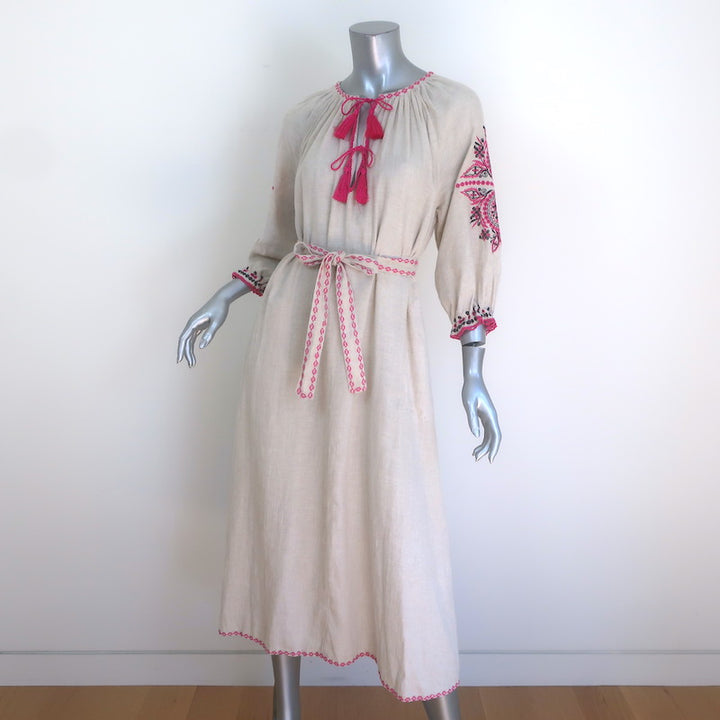 Ulla Johnson Sofia Embroidered Belted Midi Dress Flax Cotton-Linen Size 2