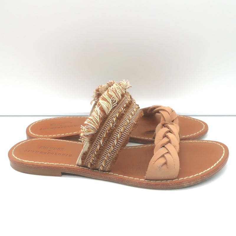 Soludos x Anthropologie Panarea Fringe Slide Sandals Tan Braided Leather Size 10