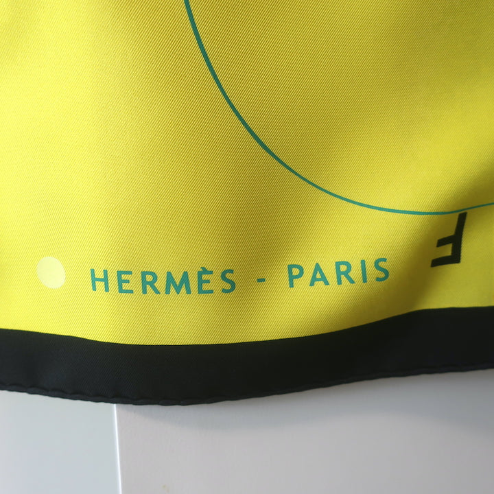 Hermes Le Monde est une Fleuve 90cm Scarf Yellow World Print Silk Twill