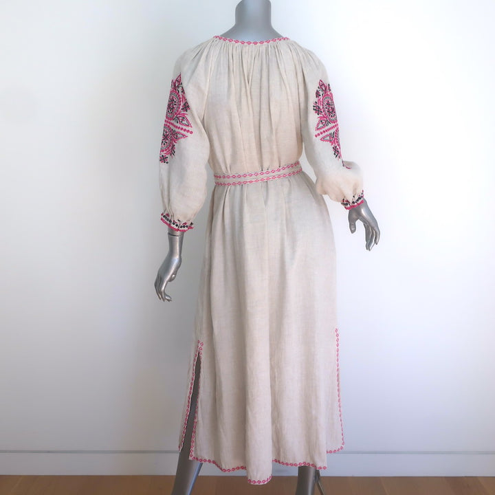 Ulla Johnson Sofia Embroidered Belted Midi Dress Flax Cotton-Linen Size 2