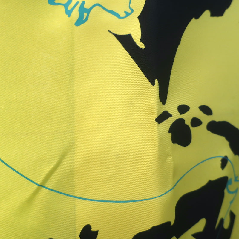 Hermes Le Monde est une Fleuve 90cm Scarf Yellow World Print Silk Twill