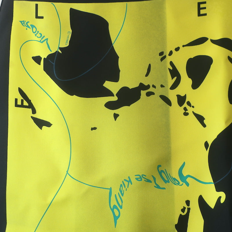 Hermes Le Monde est une Fleuve 90cm Scarf Yellow World Print Silk Twill