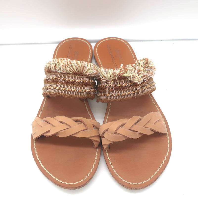 Soludos x Anthropologie Panarea Fringe Slide Sandals Tan Braided Leather Size 10