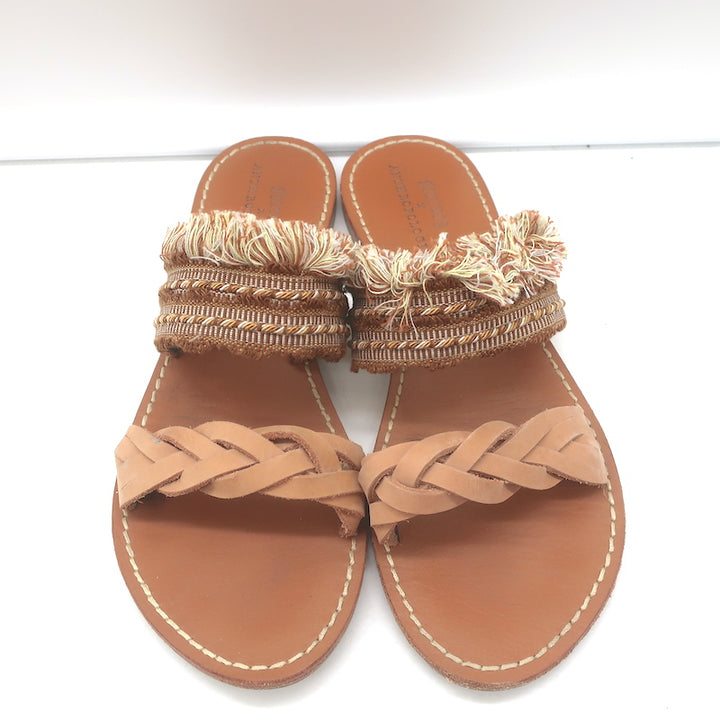Soludos x Anthropologie Panarea Fringe Slide Sandals Tan Braided Leather Size 10