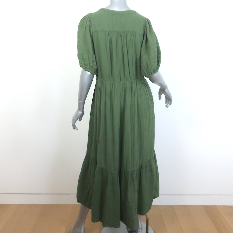 XIRENA Lennox Tiered Midi Dress Green Cotton Gauze Size Medium