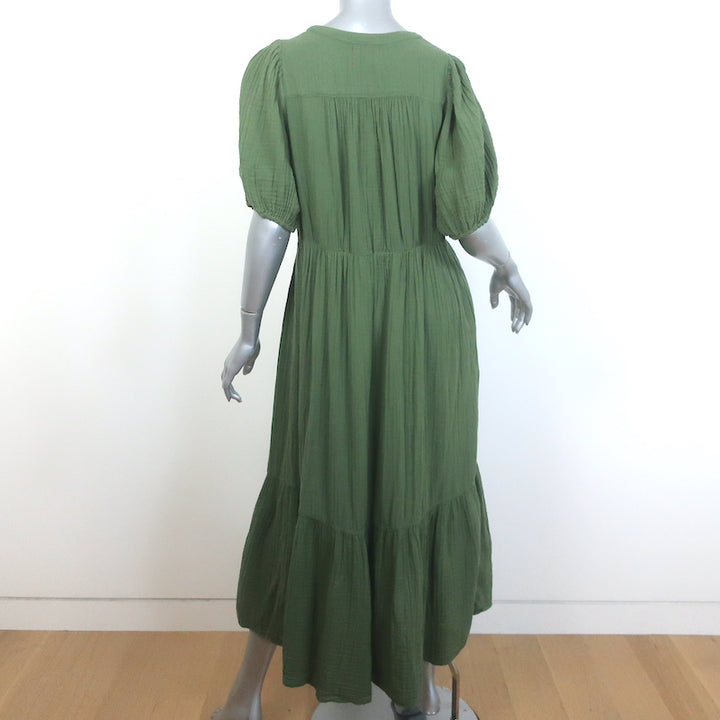XIRENA Lennox Tiered Midi Dress Green Cotton Gauze Size Medium