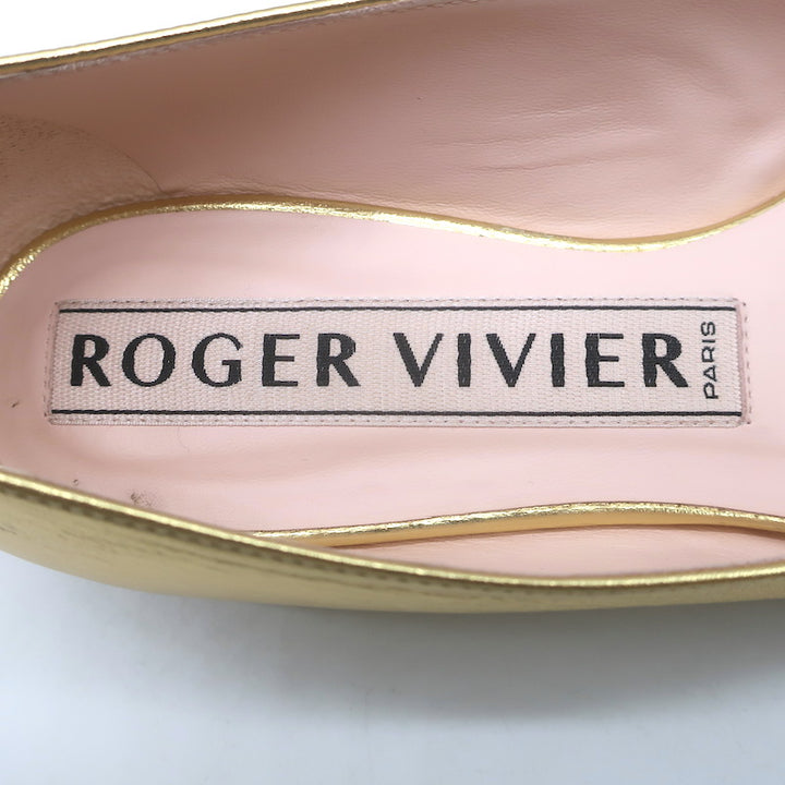 Roger Vivier Gommettine Pointed Toe Ballet Flats Gold Metallic Leather Size 37.5
