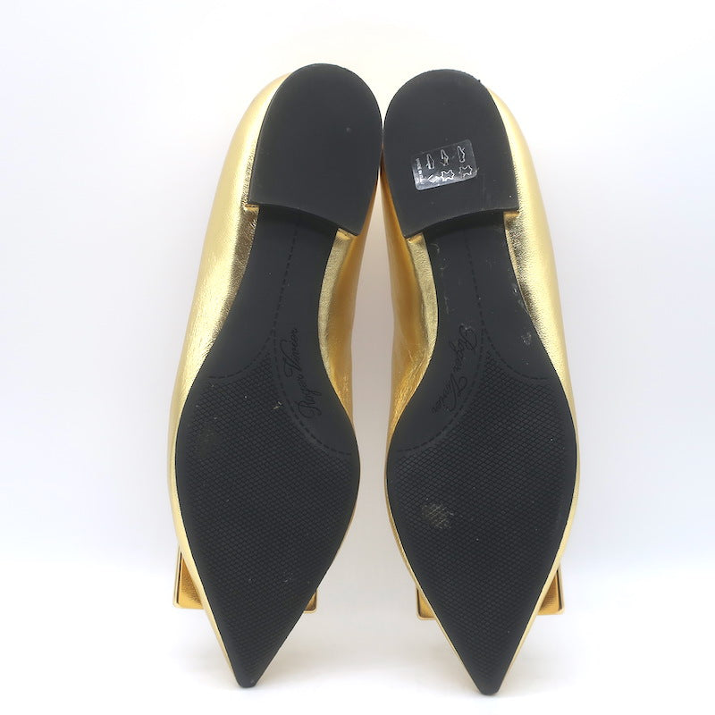 Roger Vivier Gommettine Pointed Toe Ballet Flats Gold Metallic Leather Size 37.5