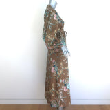Zimmermann Cassia Tie-Waist Midi Dress Olive Brown Floral Print Linen Size 2