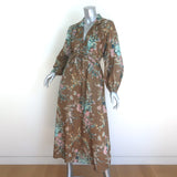 Zimmermann Cassia Tie-Waist Midi Dress Olive Brown Floral Print Linen Size 2