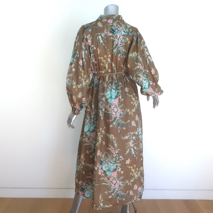 Zimmermann Cassia Tie-Waist Midi Dress Olive Brown Floral Print Linen Size 2